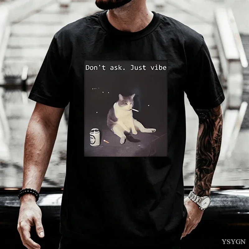 Retro Funny Smoking Cat Meme T Shirt Cigarette Cat Tee Kitty Printed T-shirt Y2k Short Sleeve T Shirts Loose Tees Oversized Tops