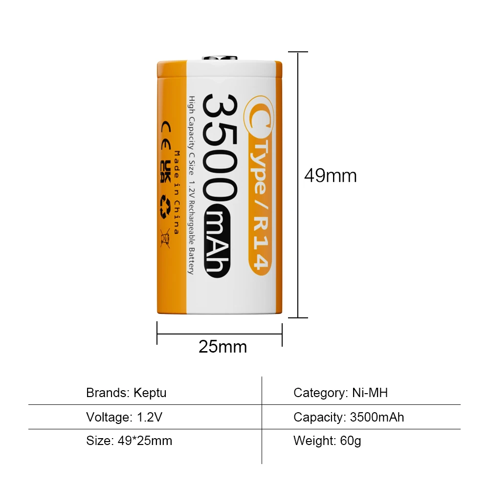 KEPTU C Size NI-MH R14 Rechargeable C Battery LR14 3500mAh 1.2V C Batteries for Gas Cooker Flashlight and LCD AA/AAA/C/D Charger