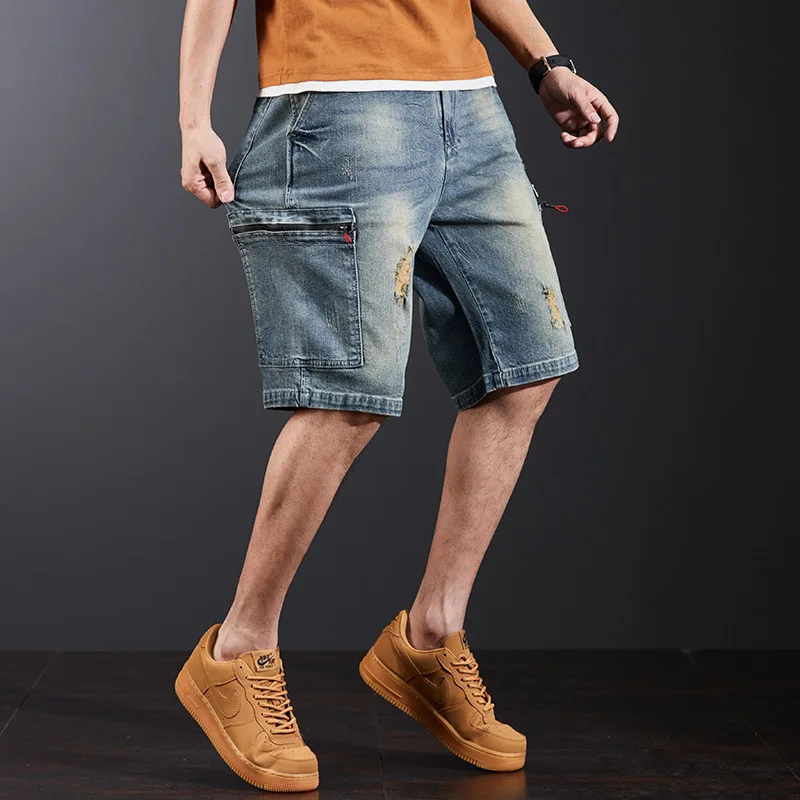 Summer Shorts Multi-pocket Denim Shorts Men's Short Pants Overalls Plus Size Loose Thin Hole Nostalgic Elastic Fabric Bottoms