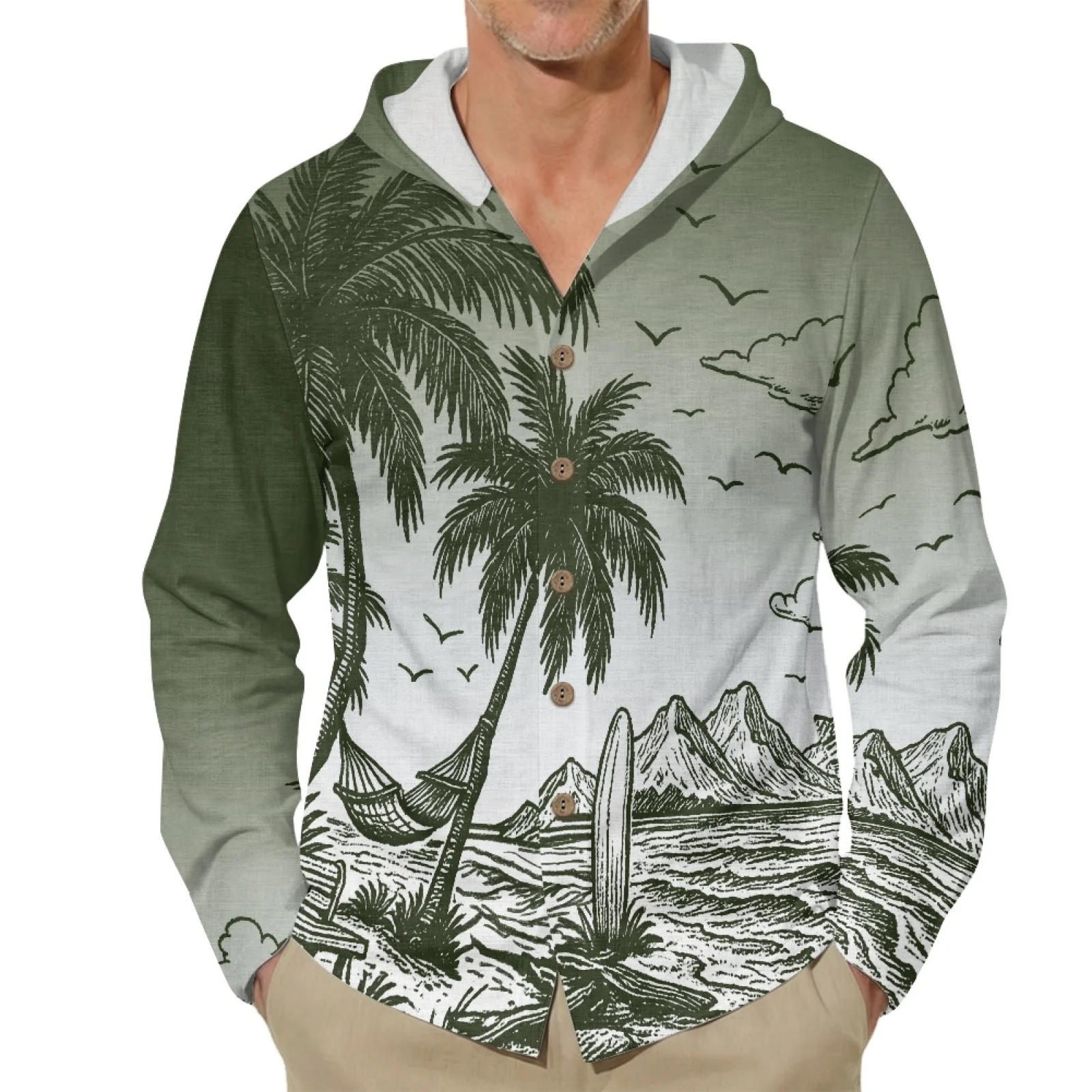 PENSTROLL Palm Island Scene Linen Style Mens Hooded Sweatshirts Breathable Hawaiian Fashion Tops for Travel Size S-3XL