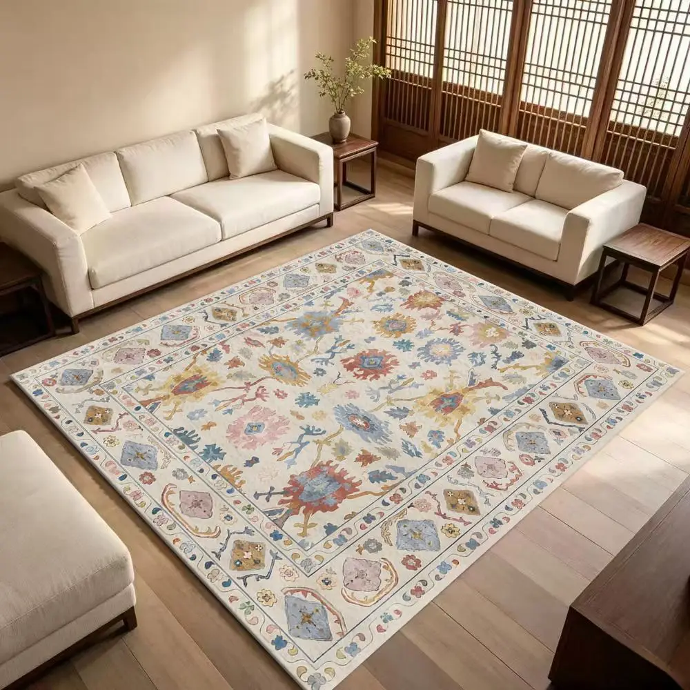 Soft Boho Oushak Square Area Rug Muted Color Floral Geometric Distressed Non-Slip Floor Carpet for Bedroom Home Decor