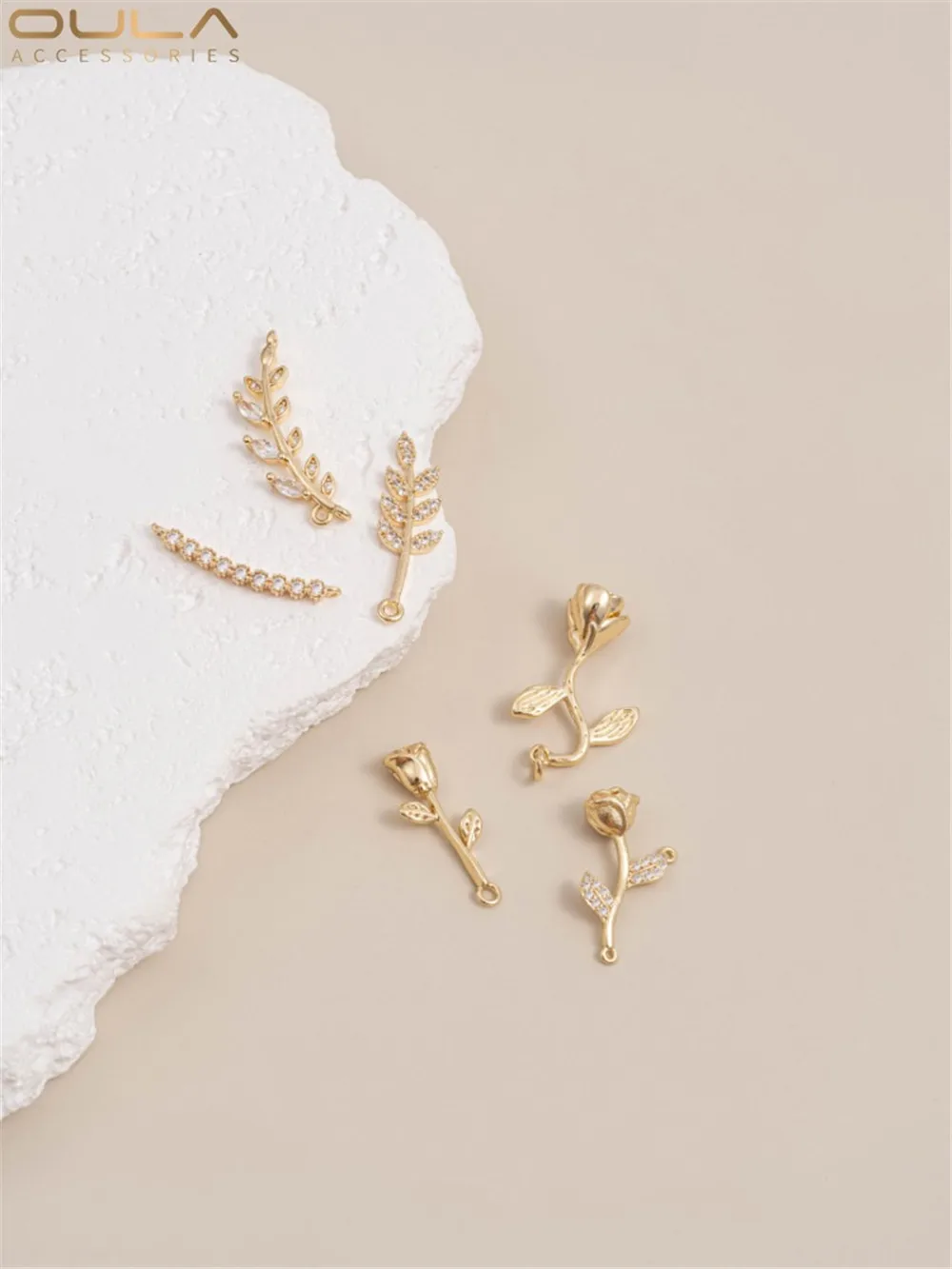 14K Gold-Filled Plated Inset Zircon Three-dimensional Rose Leaf Pendant Diy Earrings Double Hanging Bracelet Accessories