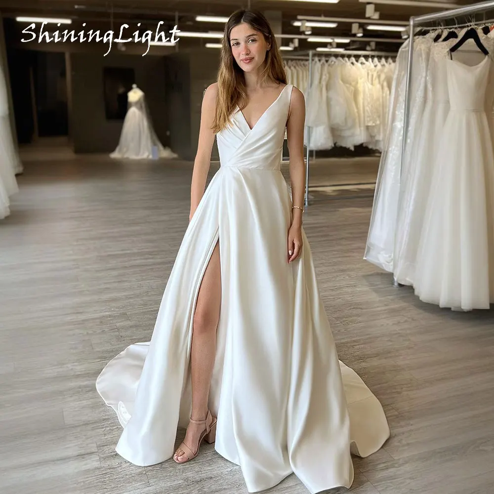 

ShiningLight Elegant and Simple Civil Wedding Dresses V Neck Sleeveless Pleats Satin A Line Bridal Gowns with Side Customized