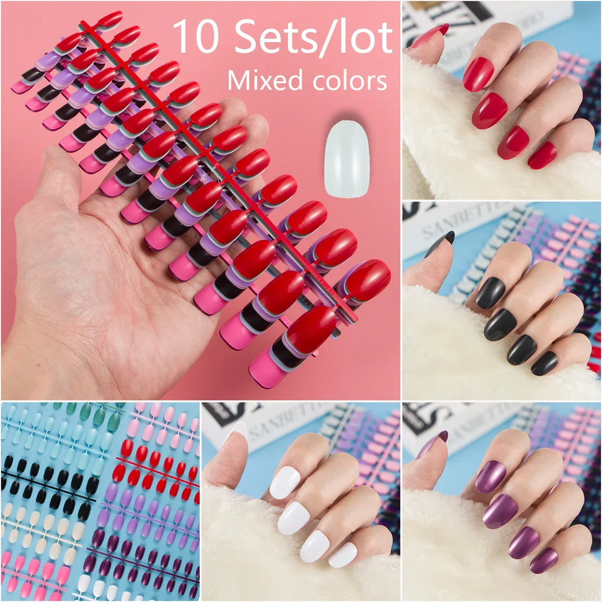 

Short Round Shape 10 Sets Different Colors Combined False Nail Tips with Soild Color 24pcs/set Press on Nail DIY Sets