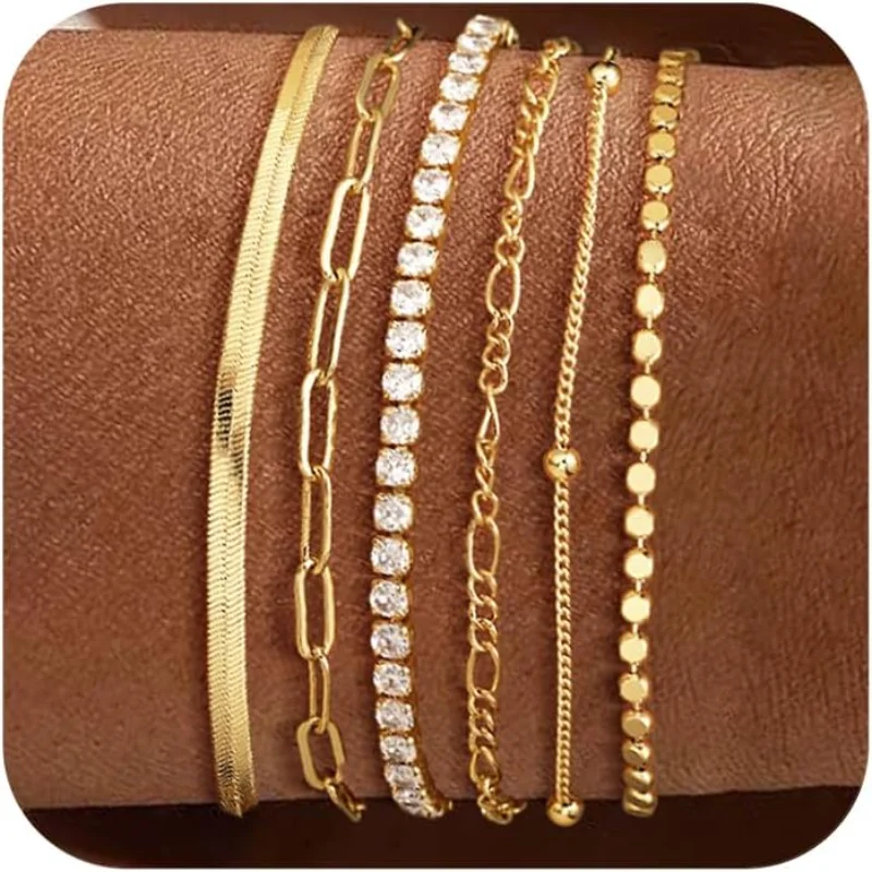Juego de pulseras de oro impermeables para mujer, delicada pulsera de eslabones de clip de espiga Figaro con cuentas de tenis chapada en oro real de 14 quilates