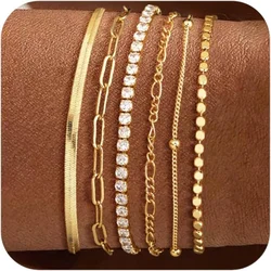 Waterproof Gold Bracelets Set for Women, Dainty 14K Real Gold Plated Tennis Beaded Figaro Herringbone Paperclip Link Bracelet