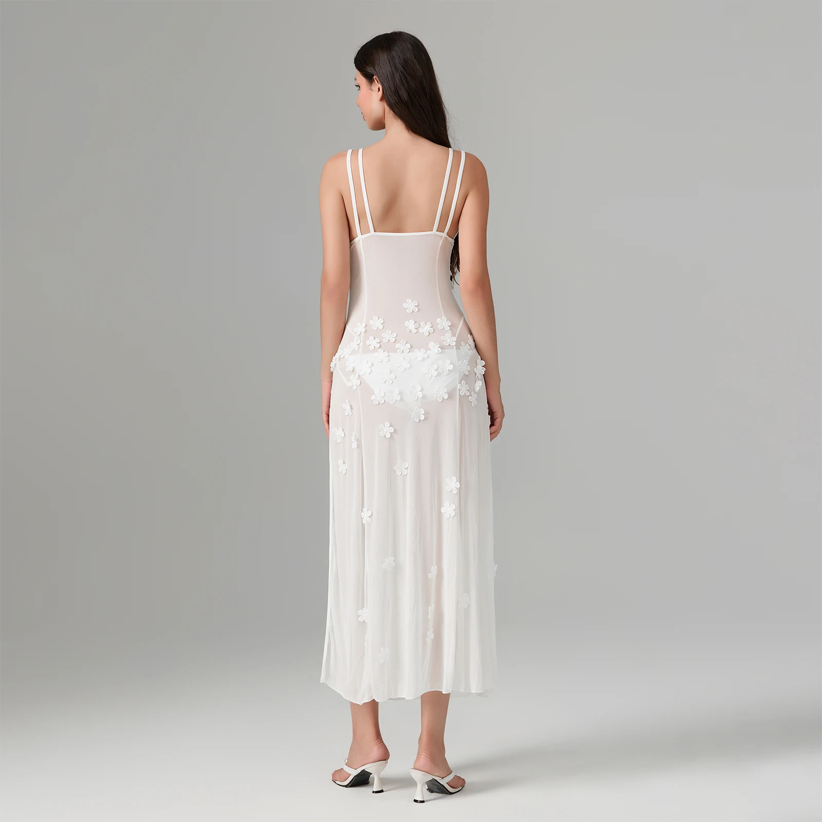 

Длинное платье с цветочным принтом для женщин, сексуальное, без рукавов, на бретельках, с высоким разрезом, с открытой спиной, сетчатое, прозрачное, для вечеринок и клубов