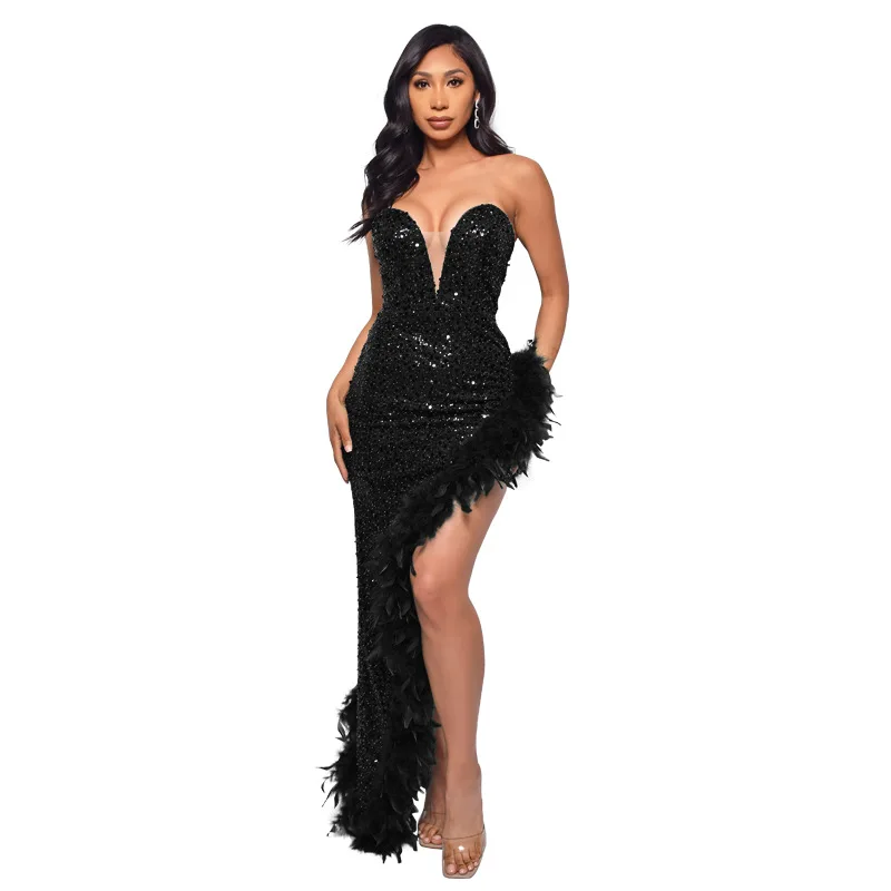 

Sequins Paillette Strapless Women's Prom Dress Feather High Split Prom Dress Multiple Colors Backless Evening Dress New Design