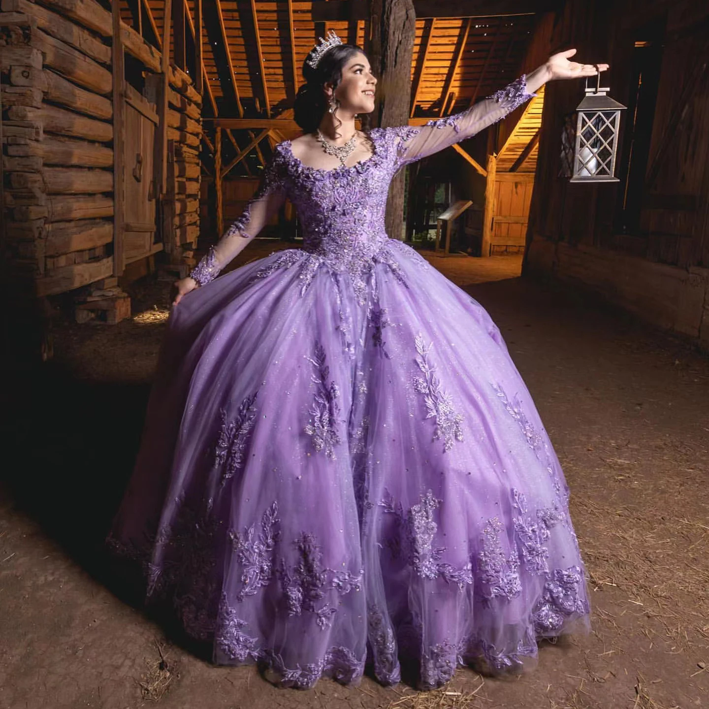 

Lavender Sexy Lilac Quinceanera Dresses Purple Scoop Neck Lace Appliques 3D Floral Flowers Beads Sweet 16 Dress Vestidos De 15