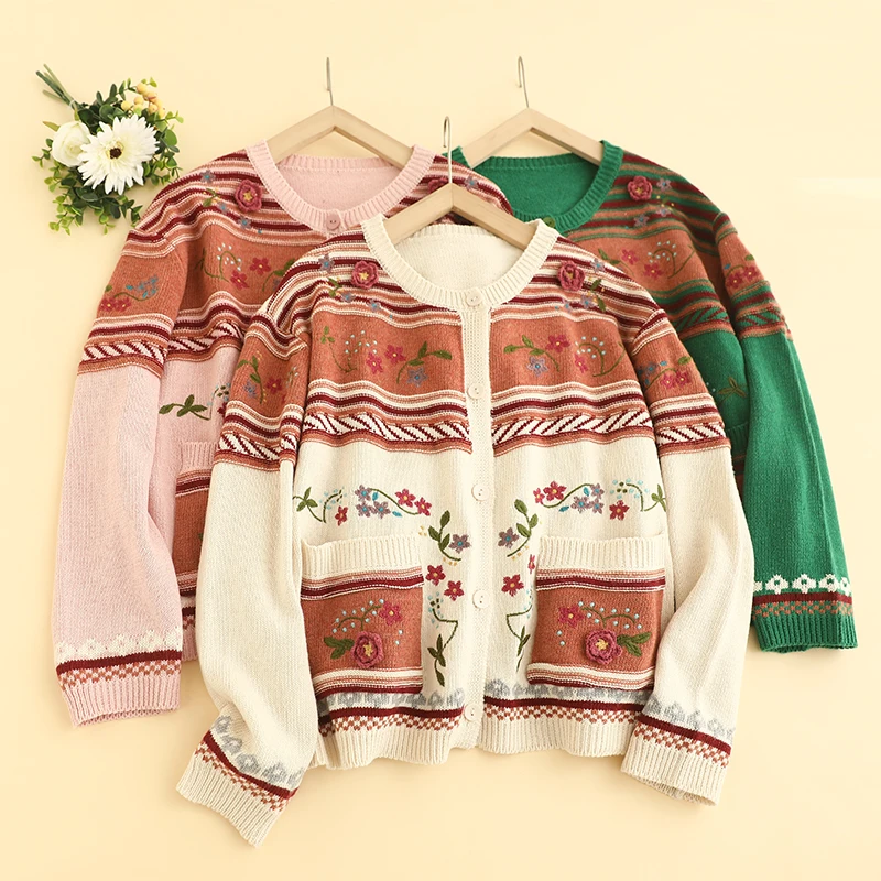 Autumn New Sweet Mori Style Embroidered Knitted Sweater Women Long Sleeve Single Breasted Sweater D226