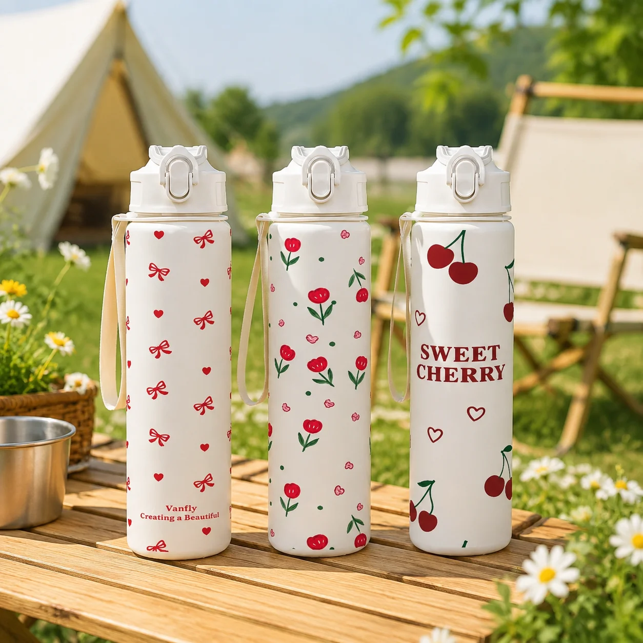 750ML Niedlicher Trinkbecher mit Erdbeer-, Kirsch- und Blumenmuster sowie Schleifendesign, mit Reinweißem Boden, Hochwertiger Strohhalmbecher für Sport – Detail 3