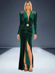 Green Velvet Sexy Luxury Tassel Prom Bodycon Party Dress Sexy V Neck Long Sleeve Runway Cocktail Celebrity Evening Party Dress