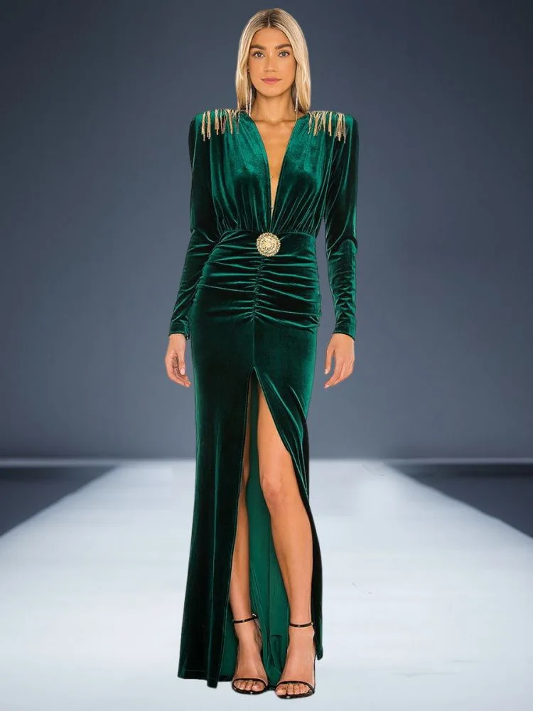 Zielona aksamitna seksowna luksusowa sukienka na studniówkę z frędzlami Seksowna sukienka koktajlowa z długim rękawem z dekoltem w szpic Celebrity Evening Party Dress