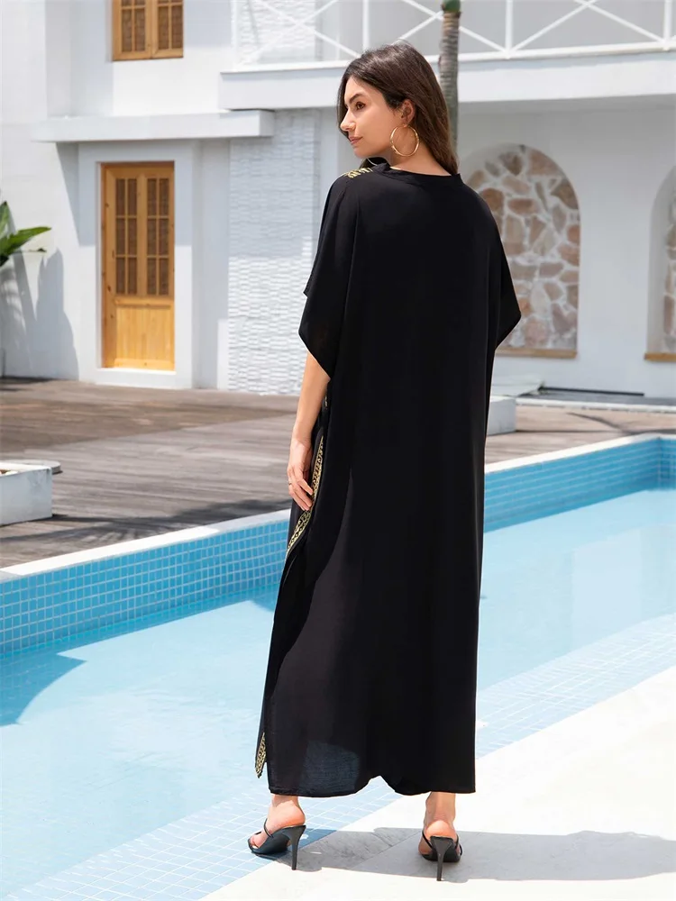 2024 Damska sukienka plażowa Plus Size V Neck Black Kaftan Floral Embroidered Dress Holiday Beach Swimwear Cover Up Turkish Robe Q1735