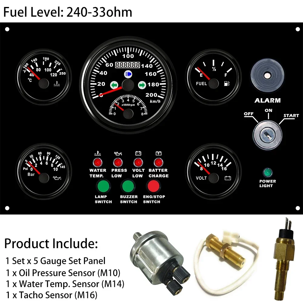 

Marine 5 Gauge Set Panel with 0-200km/h GPS Speedometer + Tachometer Water Temp.Fuel Level Oil Pressure Voltmeter 300*190mm 12V