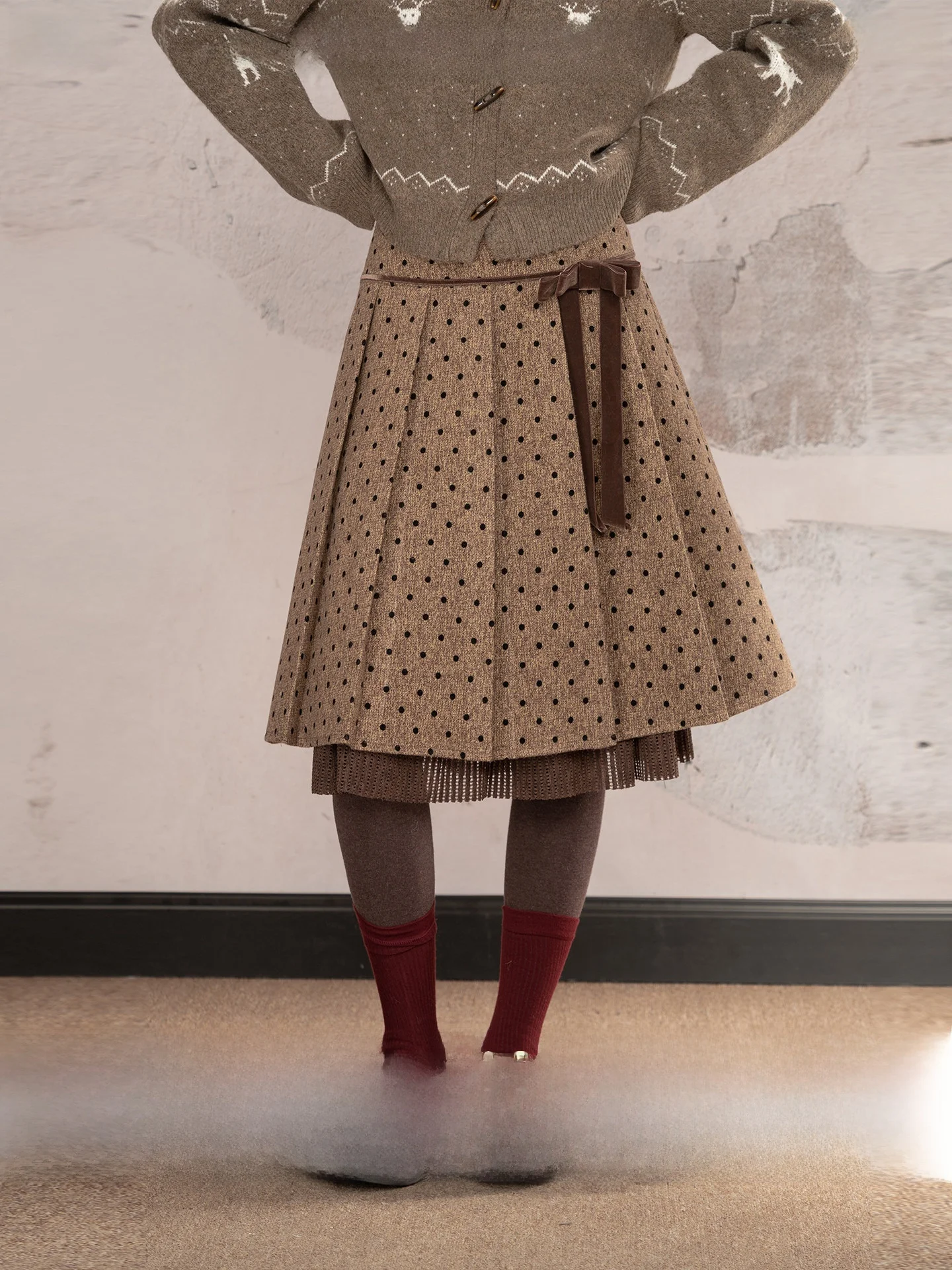 

Винтажная бархатная плиссированная юбка миди Loveheynew в горошек с узлом, женская зимняя многослойная юбка средней длины