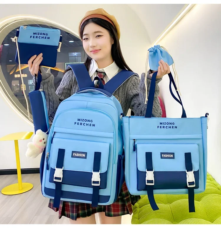 

Five Piece Casual Canvas Backpack for Elementary Lightweight and Color Blocking Junior High School Students Send Pendant