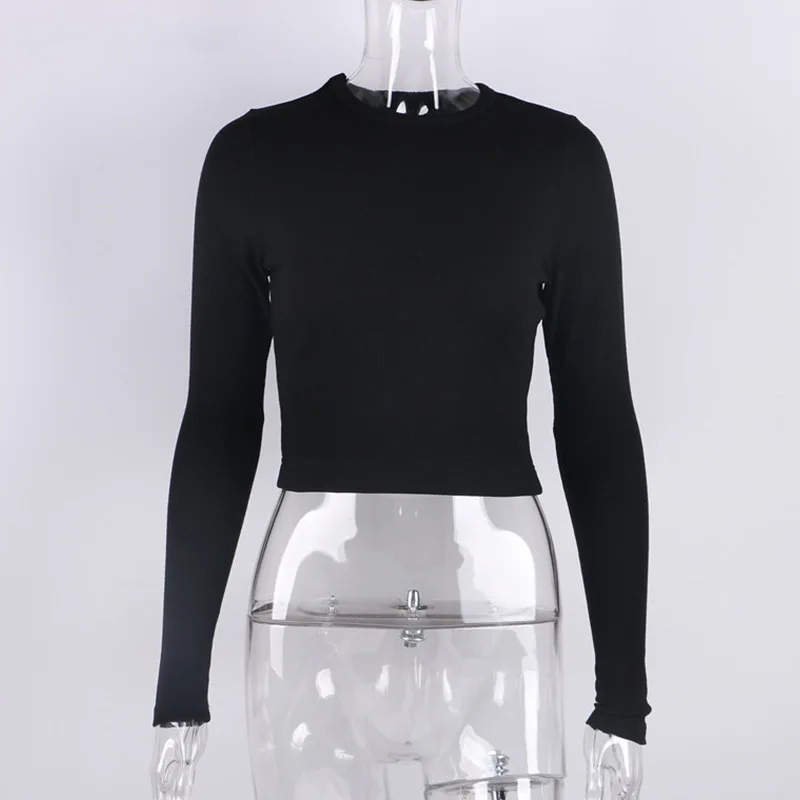 O Neck Long Sleeve Shirt Women Ribbed Sexy Cropped Tops 2023 Spring Black Casual Skinny Slim Basic Woman T Shirts White image 4