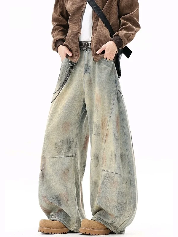 

Ретро американские джинсы с ножом, мужские повседневные широкие брюки длиной до пола, грязевые окрашенные брюки с высокой талией на молнии, высокая эластичность