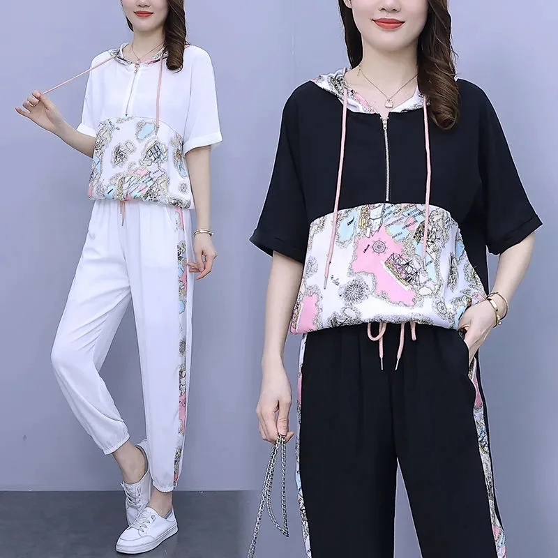 Single/Set Female 2025Summer New Suit Hooded Short-Sleeved Nine-Point Pants Loose Top Casual Outfit Fashion Two-Piece Women Coat