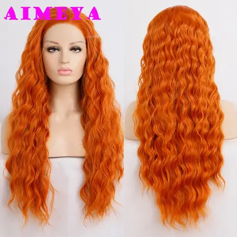 AIMEYA 오렌지 가발 긴 딥 웨이브 정면 가발 천연 헤어 라인 합성 레이스 프론트 가발 여성용 매일 사용 코스프레 가발 정면