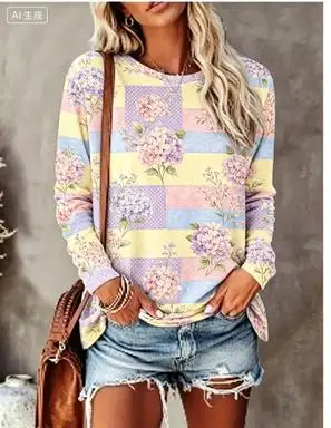 Women Long Sleeve T‑Shirt Pastel Patchwork Hydrangea Floral Print Crew Neck Loose Casual Daily Tops view 5