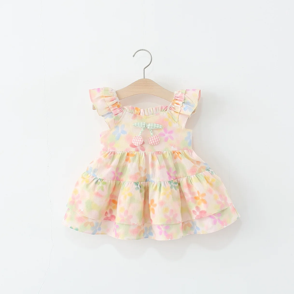 

Girl Wedding Party Costume Baby Pink Dress Colorful Floral Print Fly Sleeve Soft Cotton Girl Princess Dress