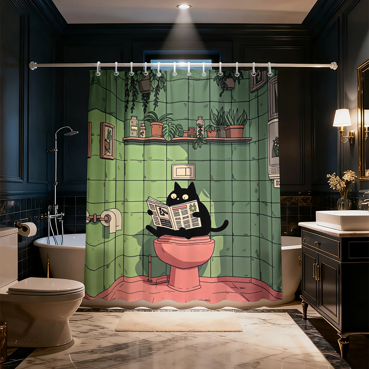 1PC Retro Bathroom Newspaper Reading Black Cat Shower Curtain, Waterproof Shower Curtain, Partition and Privacy Hanging Curta view 3