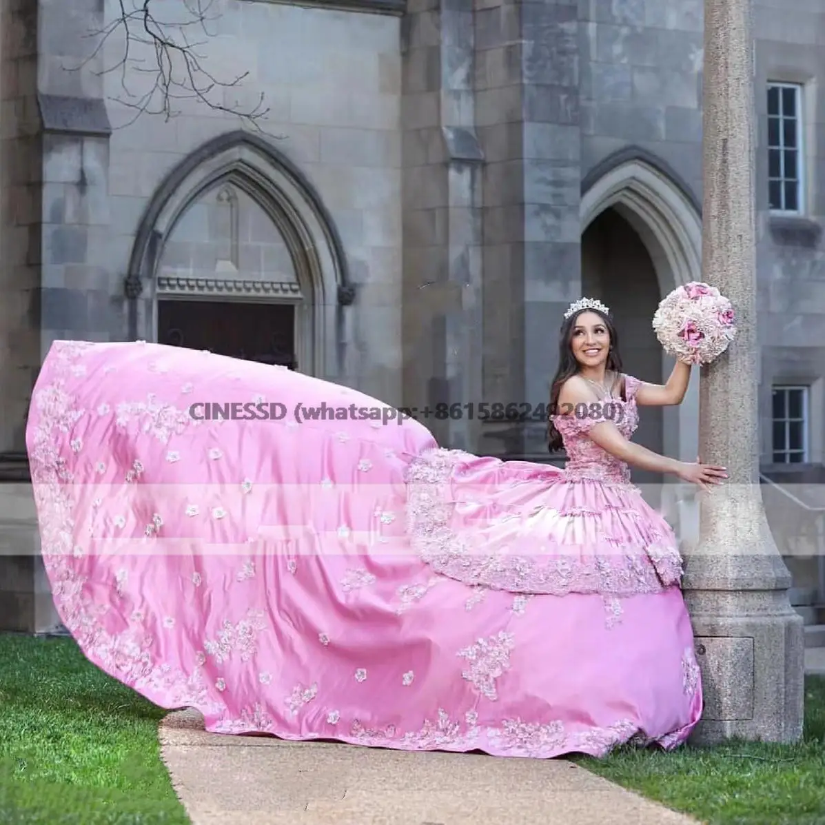 Pink Quinceanera Dresses Ball Gown For Sweet 16 Dress 3D Flowers Beads Satin Birthday Prom Gowns Vestidos De 15 Años