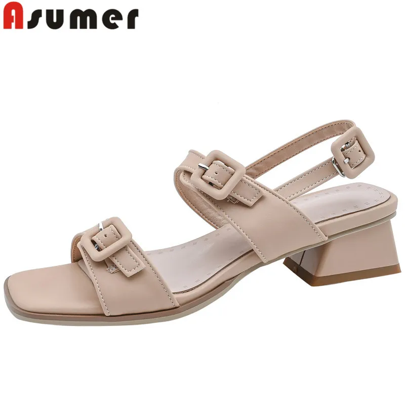 

ASUMER 2023 New Size 33-43 Simple Microfiber Dress Shoes Woman Ladies Slingbacks Summer Shoes Buckle Square Med Heels Sandals