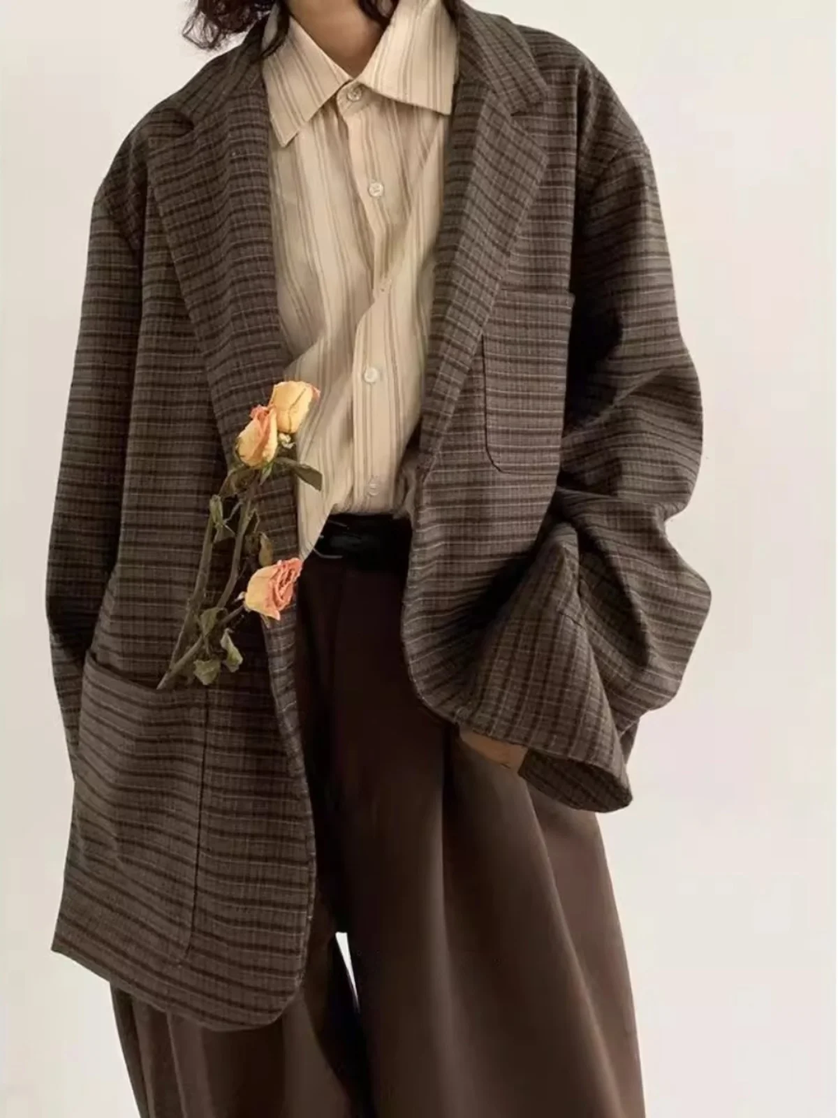 

Retro Japanese Sle Casual Plaid Suit Jaet Loose Fit ex Autumn New Arrival Small Batch Design Classic Long Sve