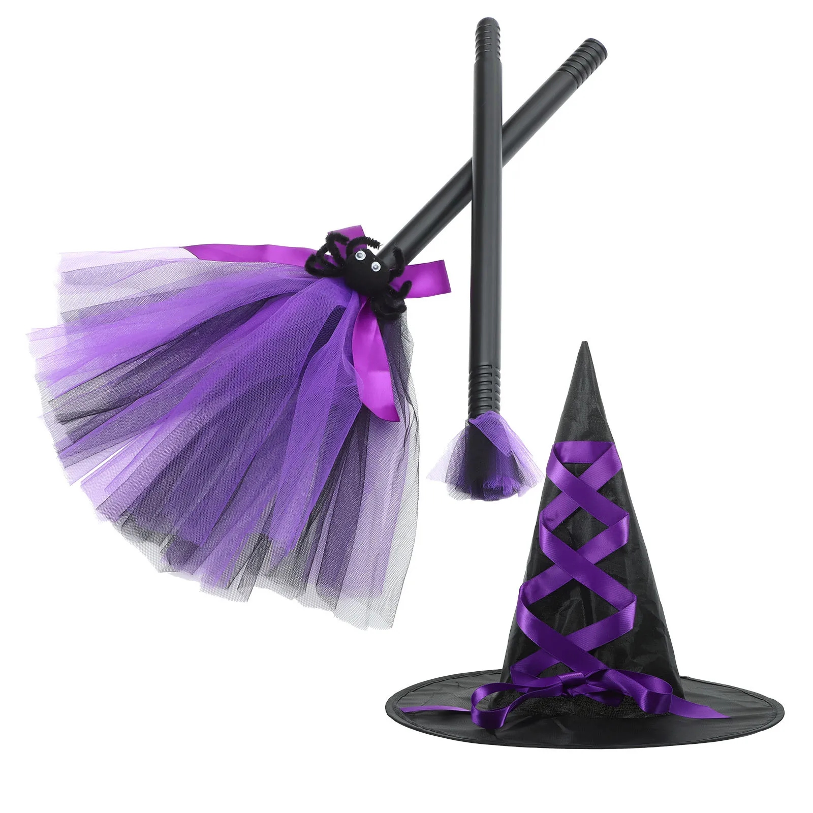 

1Set Halloween Witch Hat Set Fine Texture Decorative Cosplay Party Witch Broom Prop for Women Girl Witches Broom