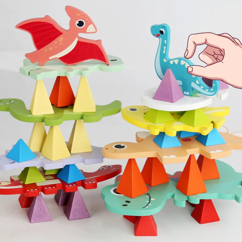 Montessori brinquedos de madeira diy dinossauro retalhos brinquedo crianças quebra-cabeça empilhamento alta blocos de construção conjunto jogos criativos construtor