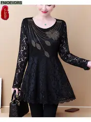 2022 jesień czarna koronkowa tunika Bling topy gorące kobiety z długim rękawem elegancka pani biurowa Patchwork Sheer Belly Design Top Peplum bluzka