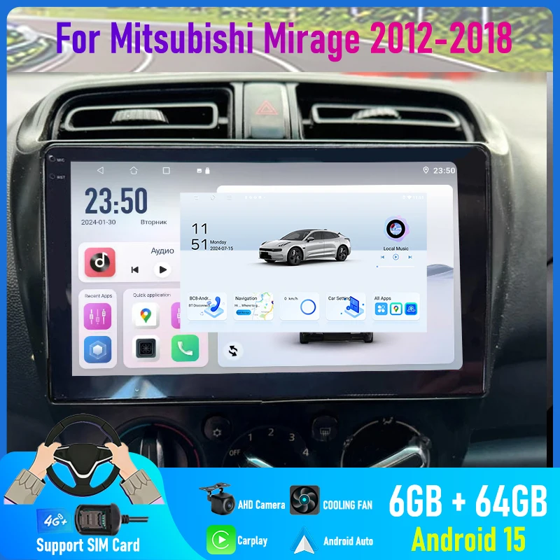 

9'' For Mitsubishi Mirage 2012-2018 Car Radio 4G SIM Google Map GPS Reversing Image Stereo BT Camera Android 15 Auto Carplay FM