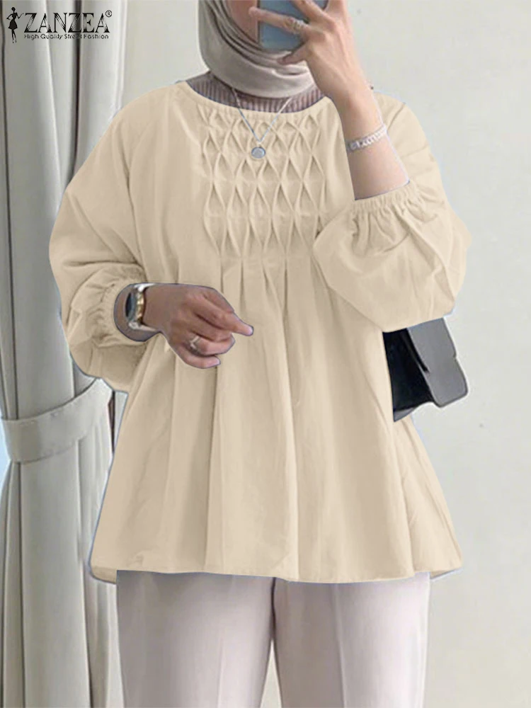 2025 ZANZEA Camicette musulmane a maniche lunghe da donna eleganti Turchia Aabya Caftano Casual O-Collo Camicia da lavoro Hijab Top Abbigliamento islamico