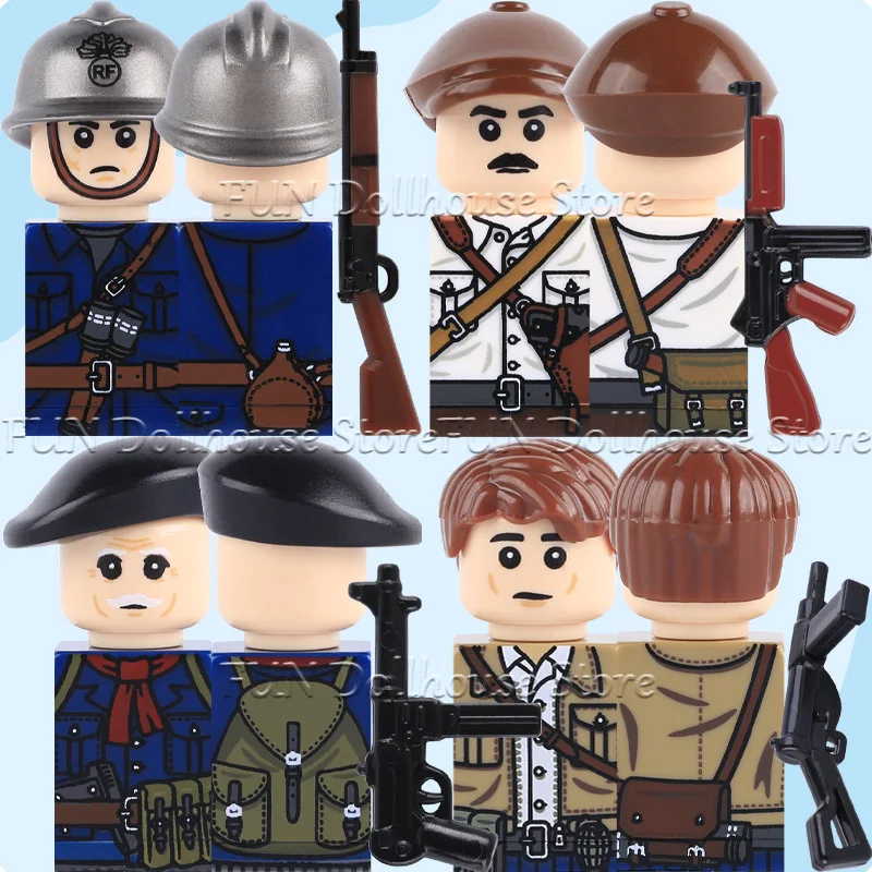WW2 Military French Soldier Figures Building Blocks Army Mountain Hunter Infantry Cavalry Gun Helmet Accessories Bricks Boys Toy