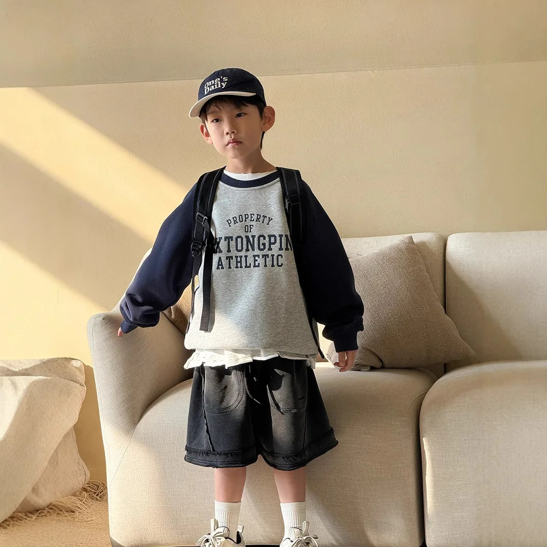 

Children's Clothing Boys' Sweatshirt 2025 New Girls' Spliced Long Sleeve T-Shirt Loose Letter Children's Top T