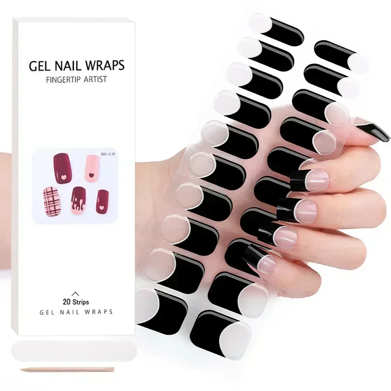 20 dicas francês semi curado gel adesivos de unhas conjunto para lâmpada uv design de cobertura completa diy moda feminina decoração da arte do prego