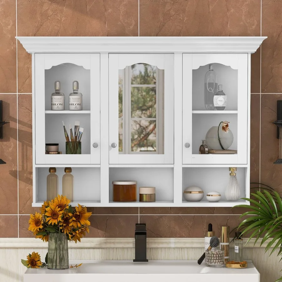 

47 Wall Mounted Bathroom Cabinet with Mirror Cabinet with 3 Adjustable Shelves and 3 Open Compartments for Bathroom Over The To