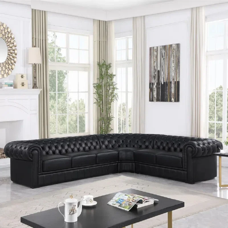 American Retro Black PU Leather Button Sofa Set Combination Corner for Reception Club Office Hotel Apartment Villa Sponge