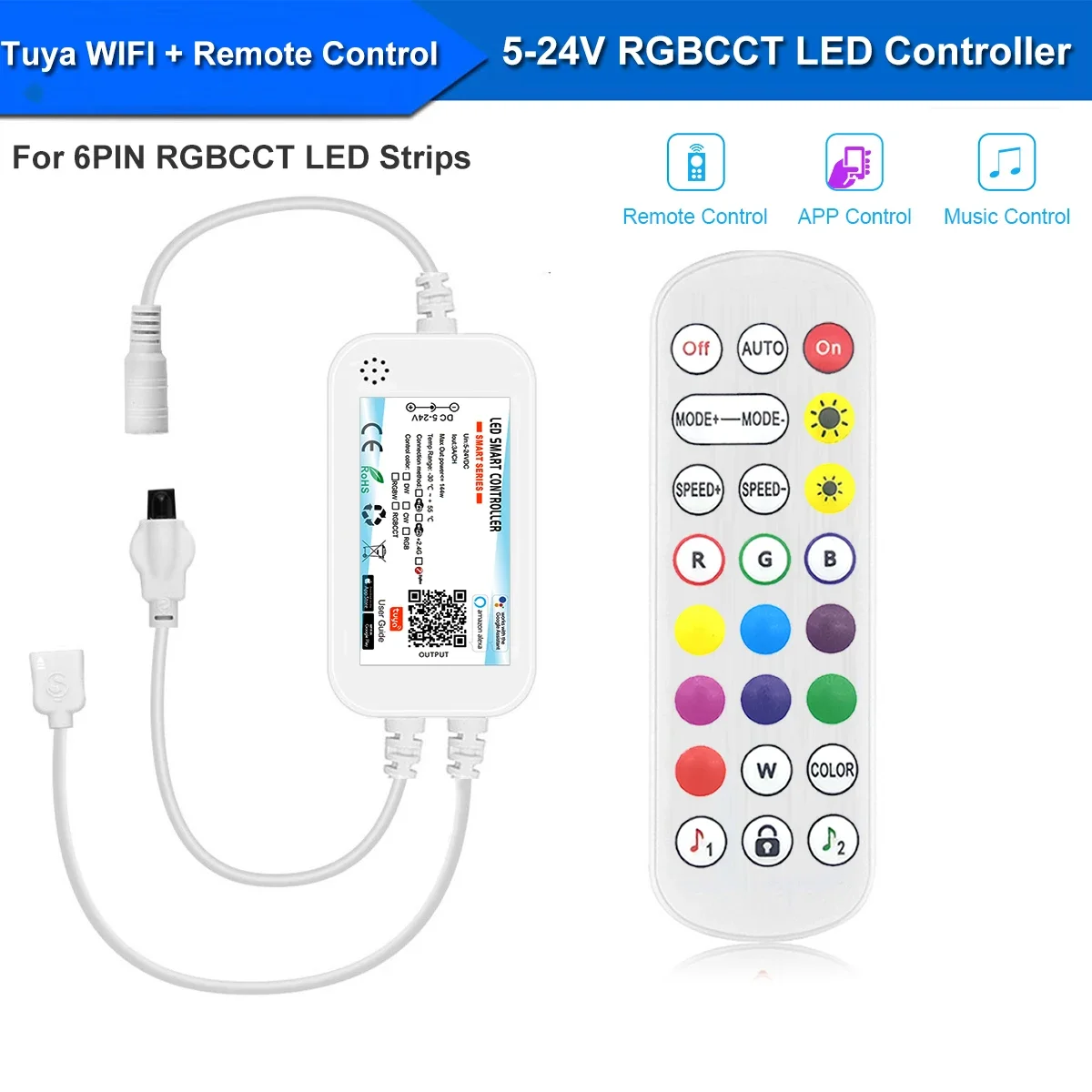 Tuya Wi-Fi LED Strip Lights Kit, 5em 1, DC12V, 5050, RGBCCT, RGB + W + WW, APP, voz, controle remoto, Smartlife para Alexa, Google Home, 1m-5m