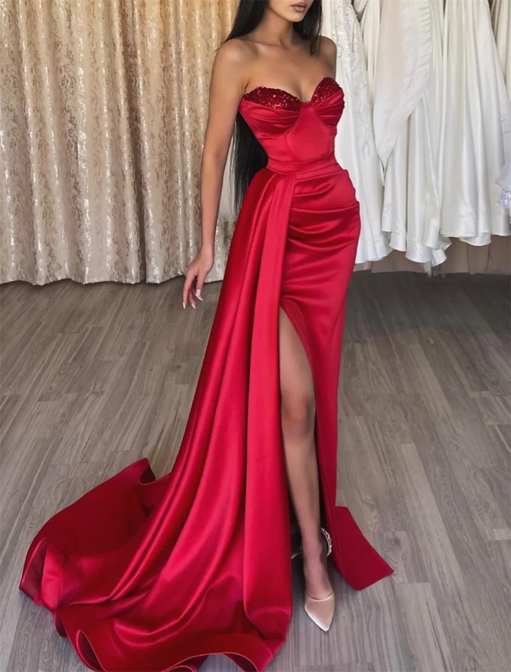 

Mermaid Trumpet Sparkle Shine High Split Prom Formal Evening Dress Strapless Sleeveless Court Train Satin with Sequin Slit 2022