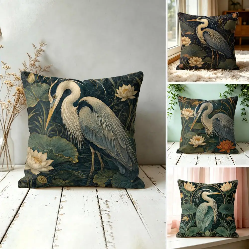 Coastal Style Heron Pillow Case Double-Sided Plush Sofa Cushion Covers Organic Breathable Invisible Zipper