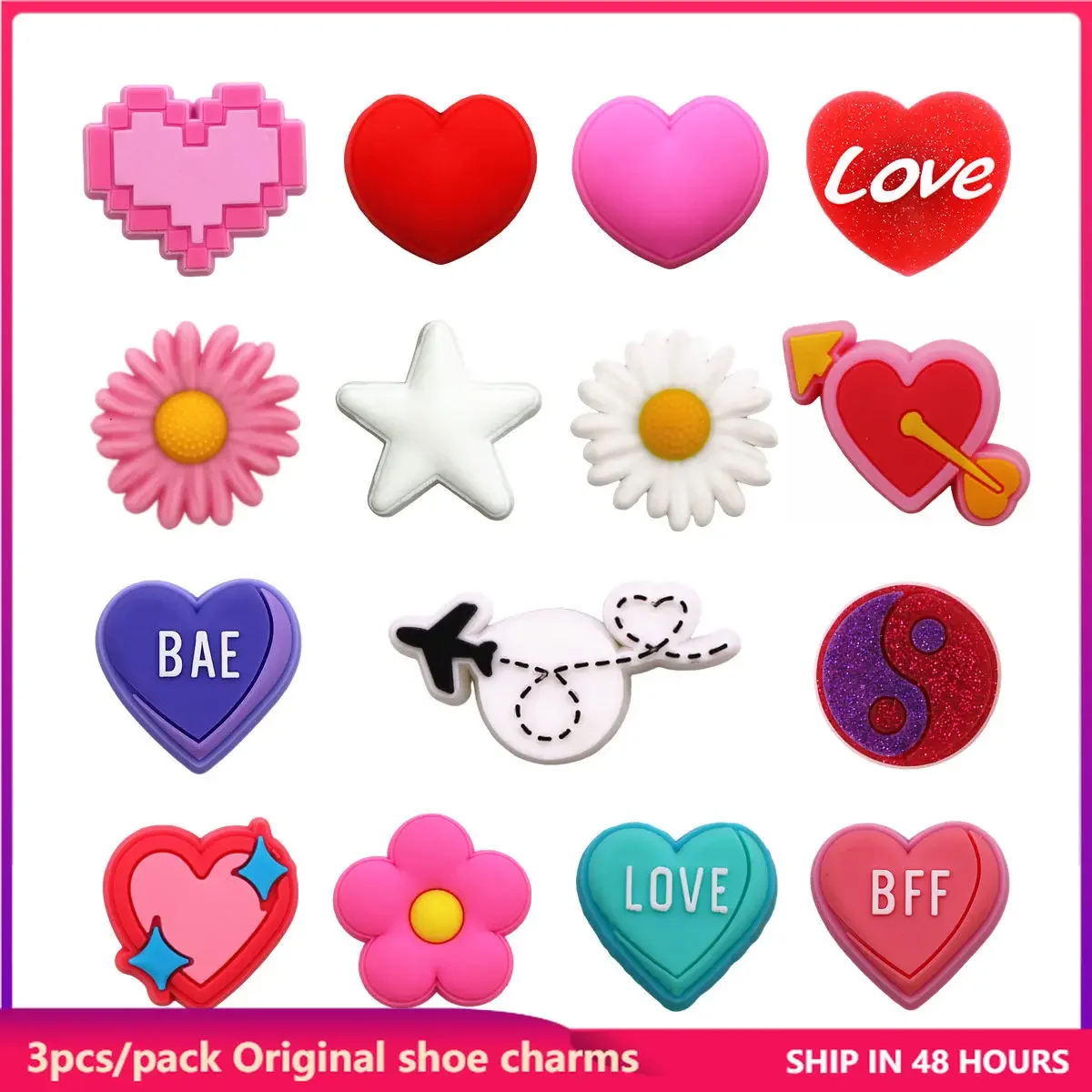 3 Pack Original BAE BFF LOVE PVC Designer Shoe Charms Buckle EVA Sandals Upper Accessories Cute Heart Shapes Clog Clip Decorar