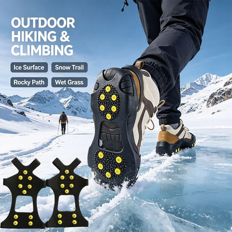10 Studs Grips Winter Snow Crampons Elastic TPR Rubber 10 Steel Studs Outdoor Hiking Walking Climbing Anti-fall