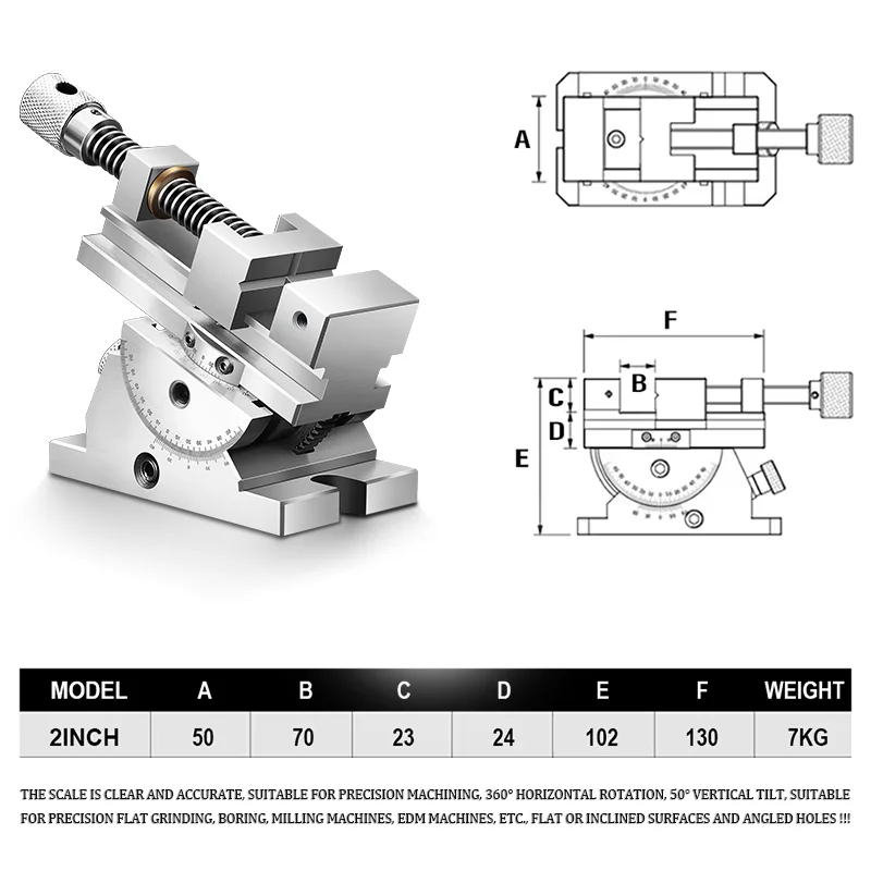 Universele precisieschroef met platte kaak, roterende bankschroef, maat 2 tot 3 inch, 360 °   Rotatie Verstelbare hoek, Verticale kanteling tot 50 °
