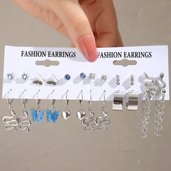 6pcs/set Snake Butterfly Earrings Set For Women Girls Vintage Metal Silver Plated Rhinestones Heart Drop Earrings Jewelry Gift