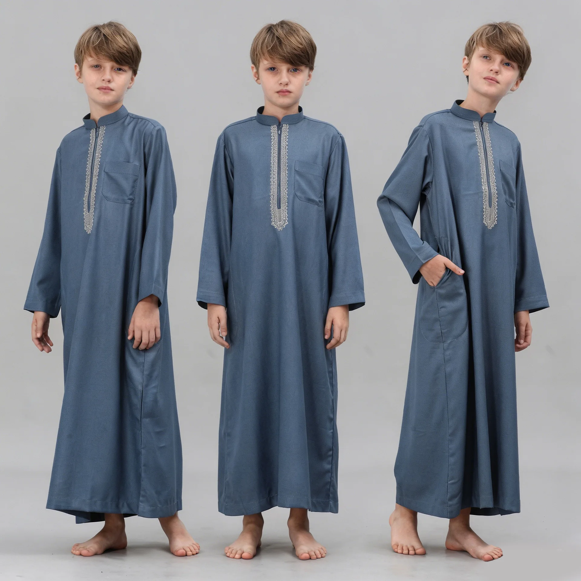 

Kids Boys Muslim Long Thobe Robe Stand Collar Embroidery Jubba Daffah Dishdasha Middle East Saudi Dubai Islamic Prayer Clothing