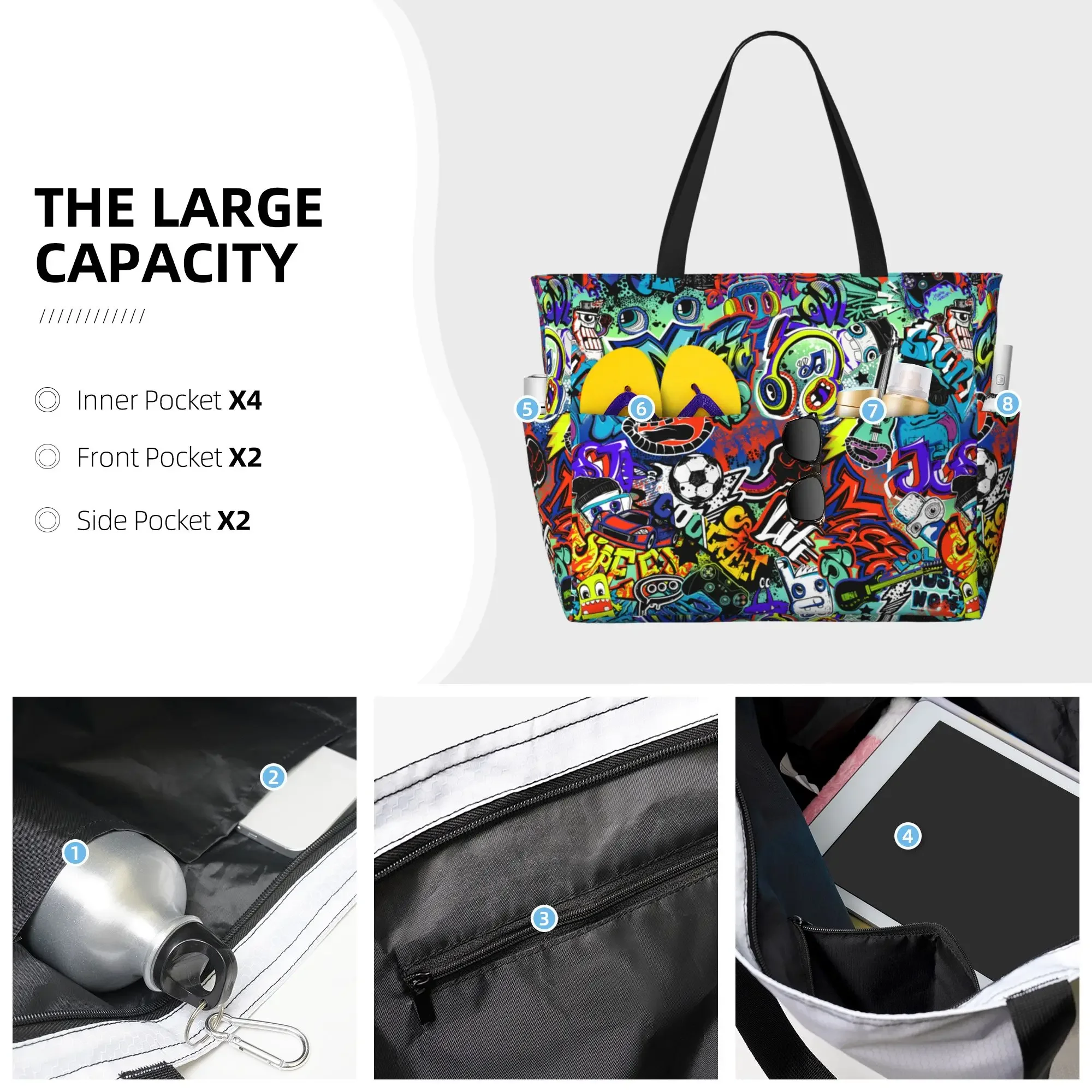 Graffiti Waterproof Beach Tote Bags for Women Ladies Large Capacity Storage Bags Handbag Shoulder Bag for Travel Vacation Swim